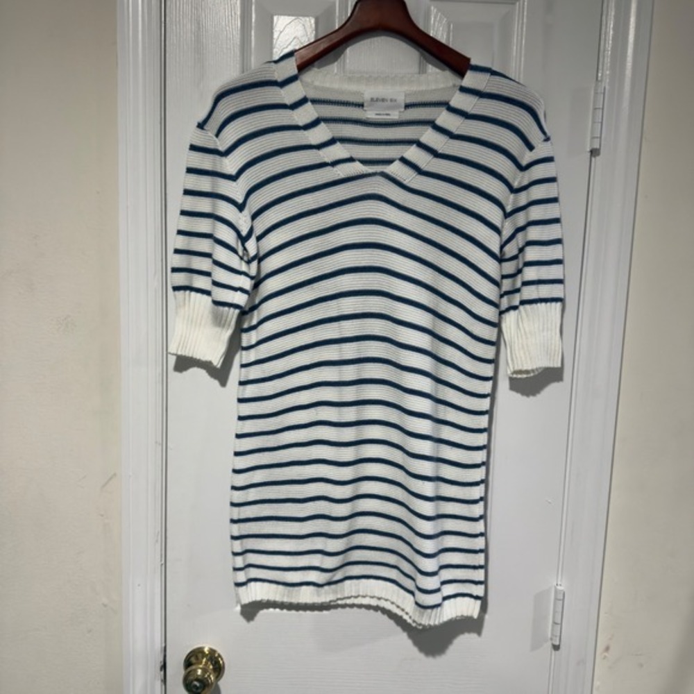 Eleven Six S/XS Blue White Striped Knit Dress 100%‎ Peruvian Pima Cotton V Neck